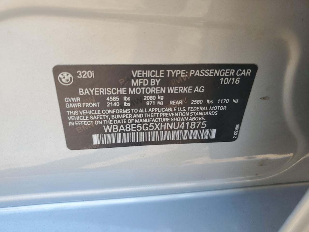 2017 BMW 320 Xi VIN: WBA8E5G5XHNU41875 Lot: 63395675