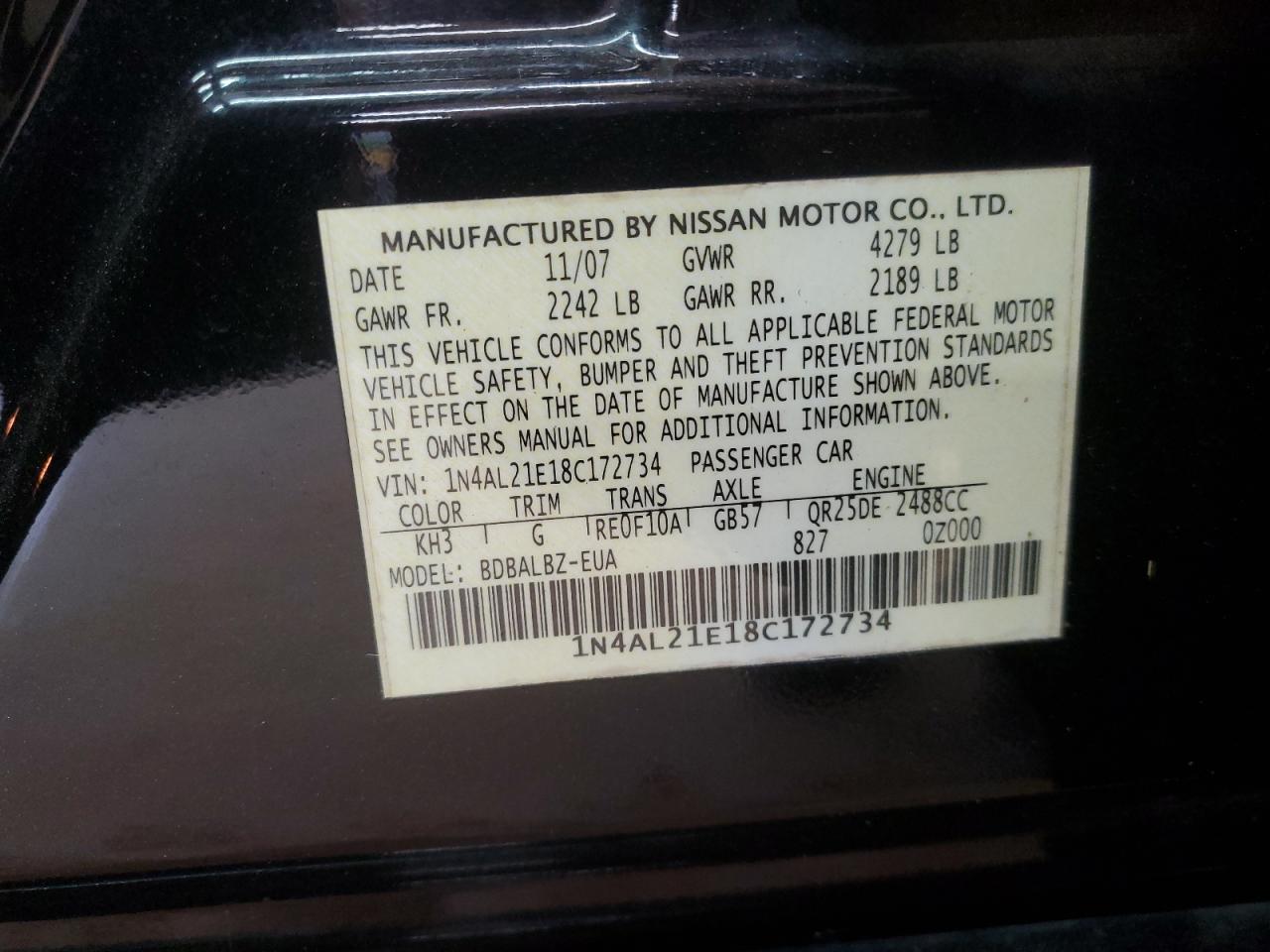2008 Nissan Altima 2.5 VIN: 1N4AL21E18C172734 Lot: 62704175