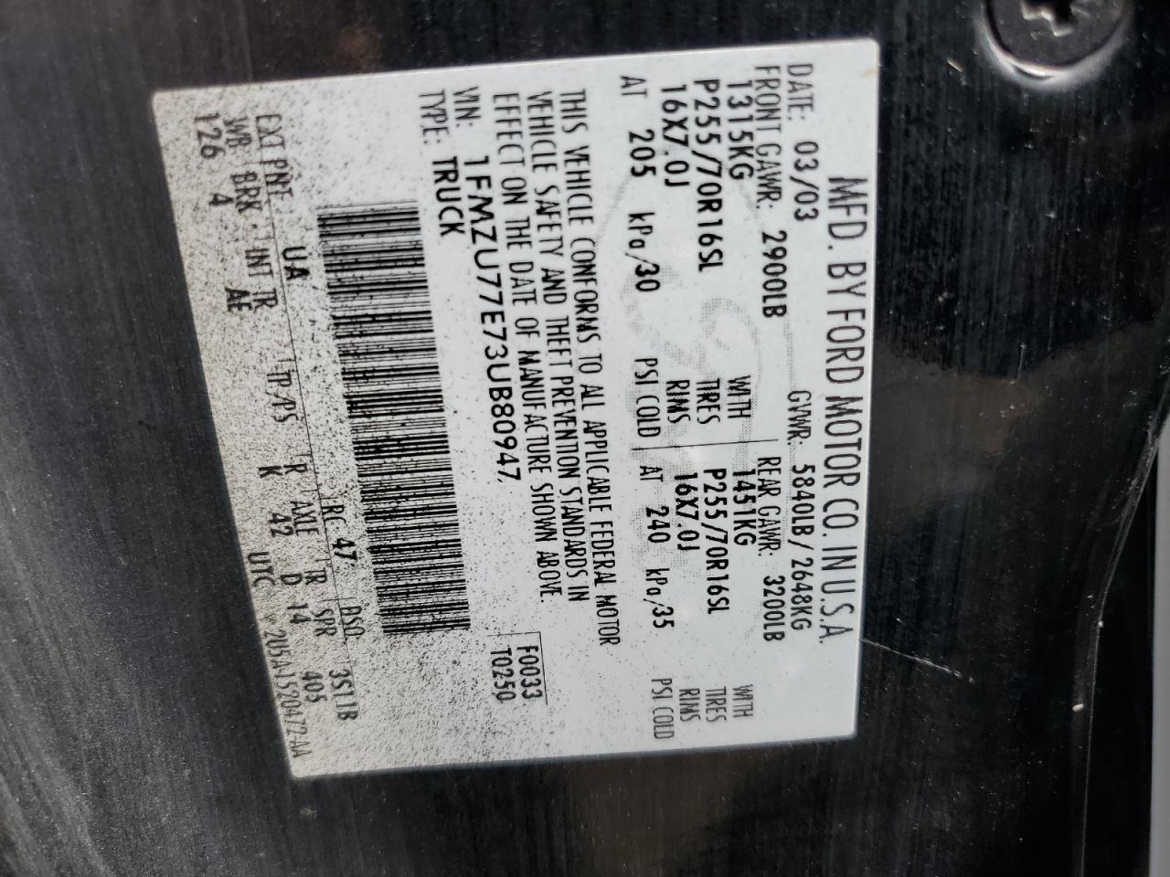 2003 Ford Explorer Sport Trac VIN: 1FMZU77E73UB80947 Lot: 66442415