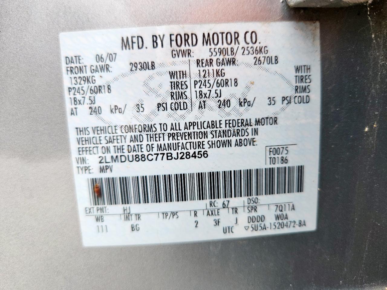 2007 Lincoln Mkx VIN: 2LMDU88C77BJ28456 Lot: 62056885