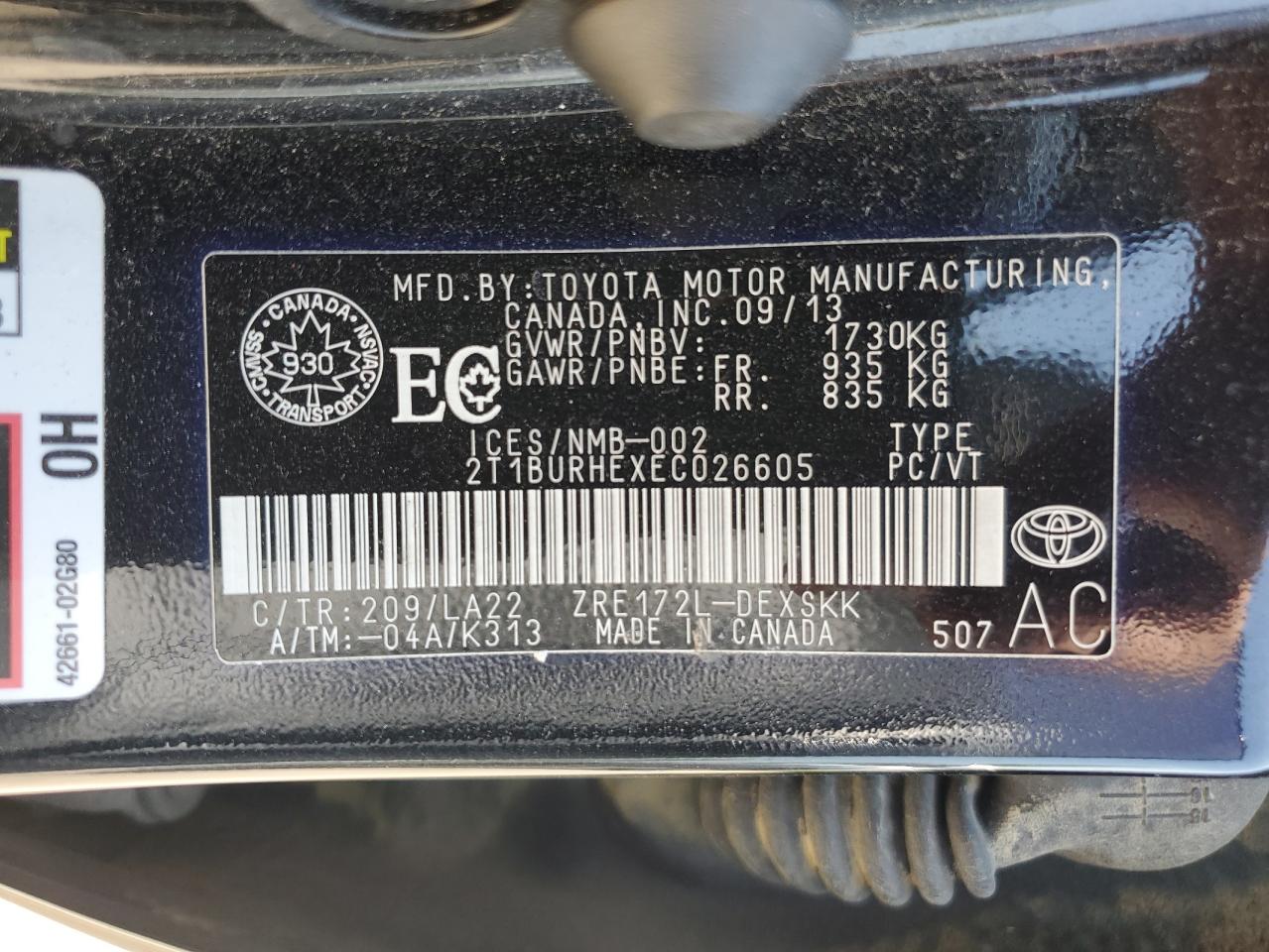 2014 Toyota Corolla L VIN: 2T1BURHEXEC026605 Lot: 62663685