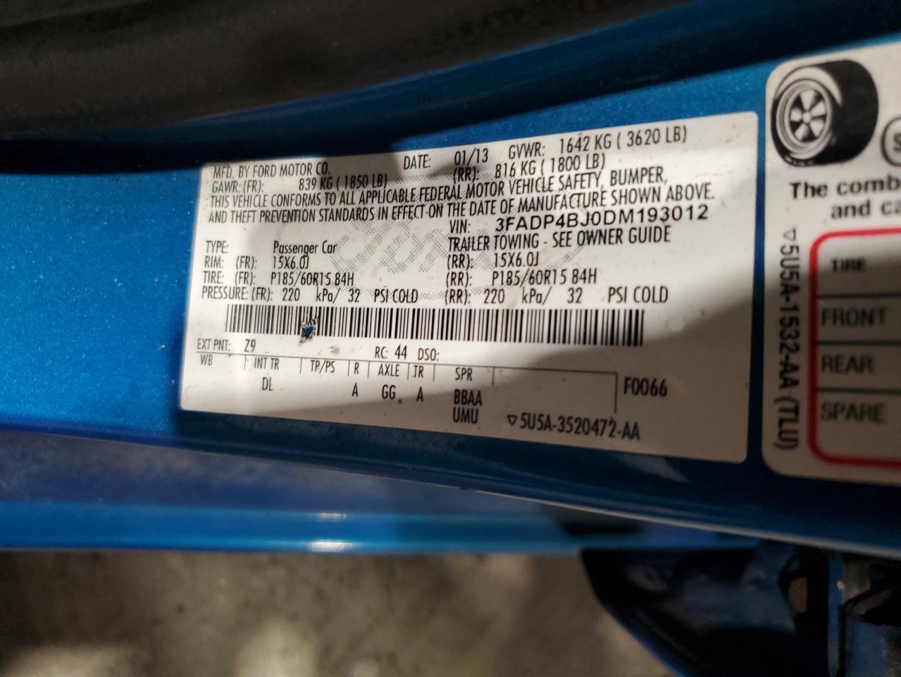 2013 Ford Fiesta Se VIN: 3FADP4BJ0DM193012 Lot: 62753485