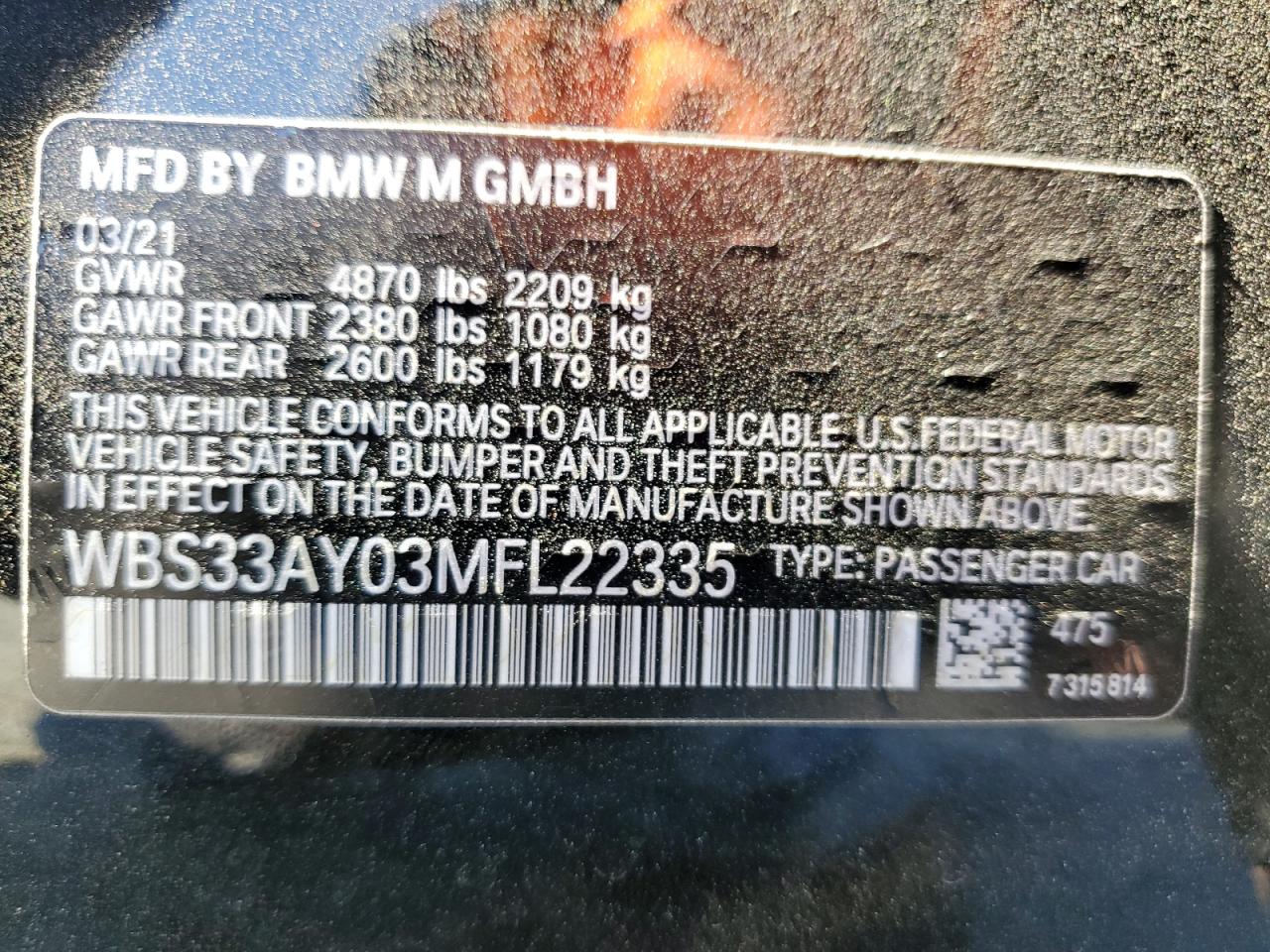 2021 BMW M3 Competition VIN: WBS33AY03MFL22335 Lot: 63689475