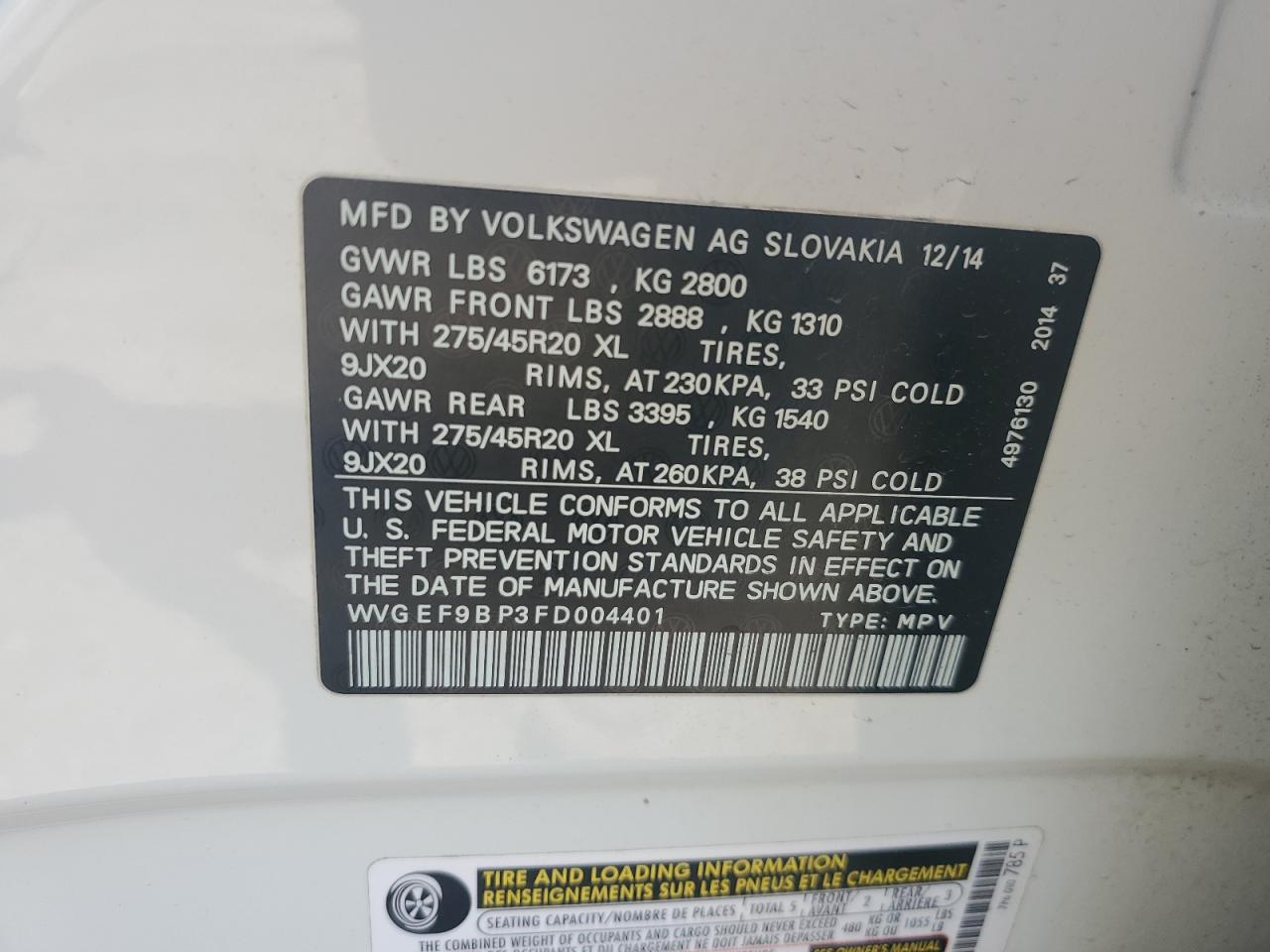 2015 Volkswagen Touareg V6 VIN: WVGEF9BP3FD004401 Lot: 65979195