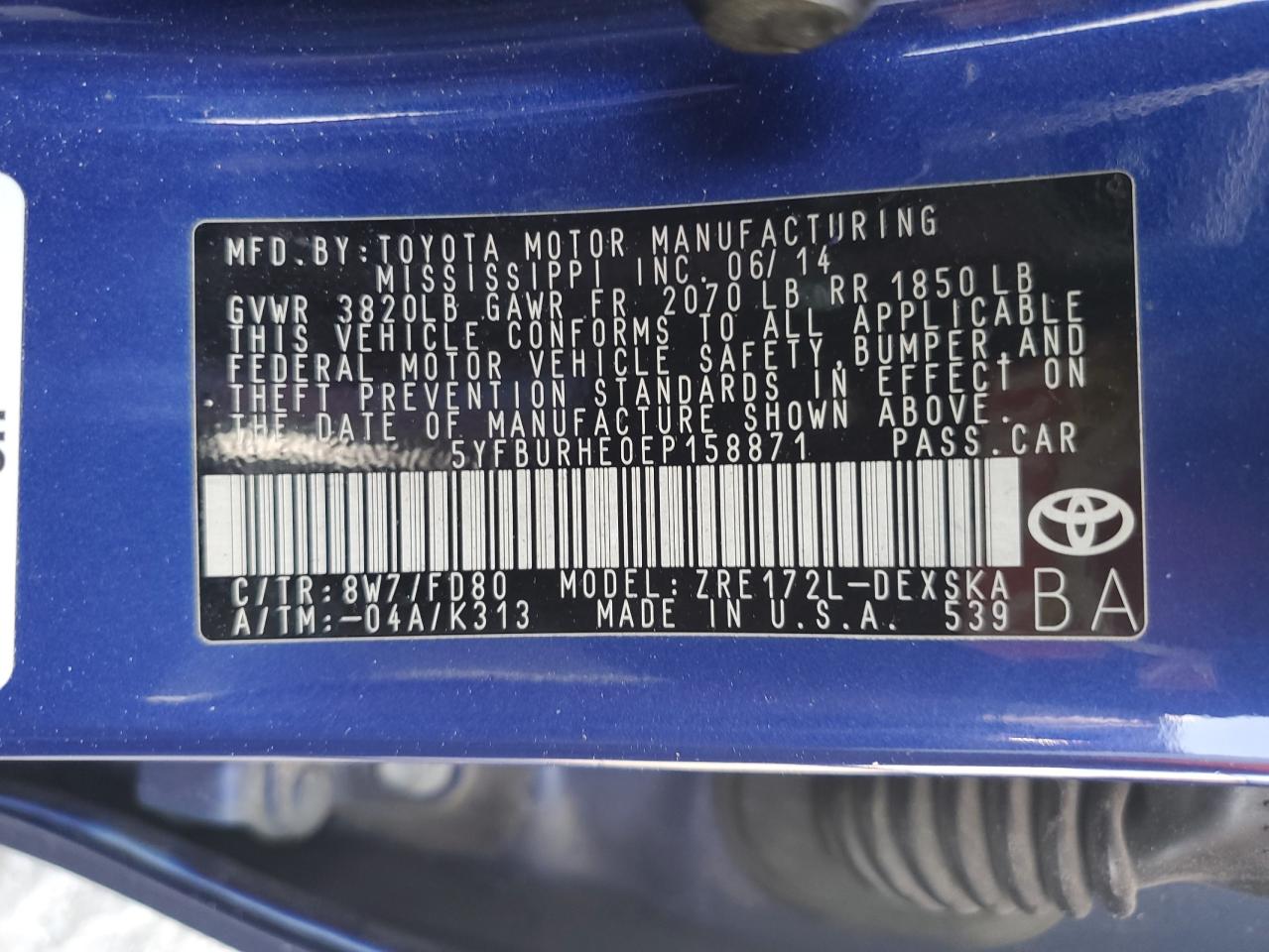 2014 Toyota Corolla L VIN: 5YFBURHE0EP158871 Lot: 64454895