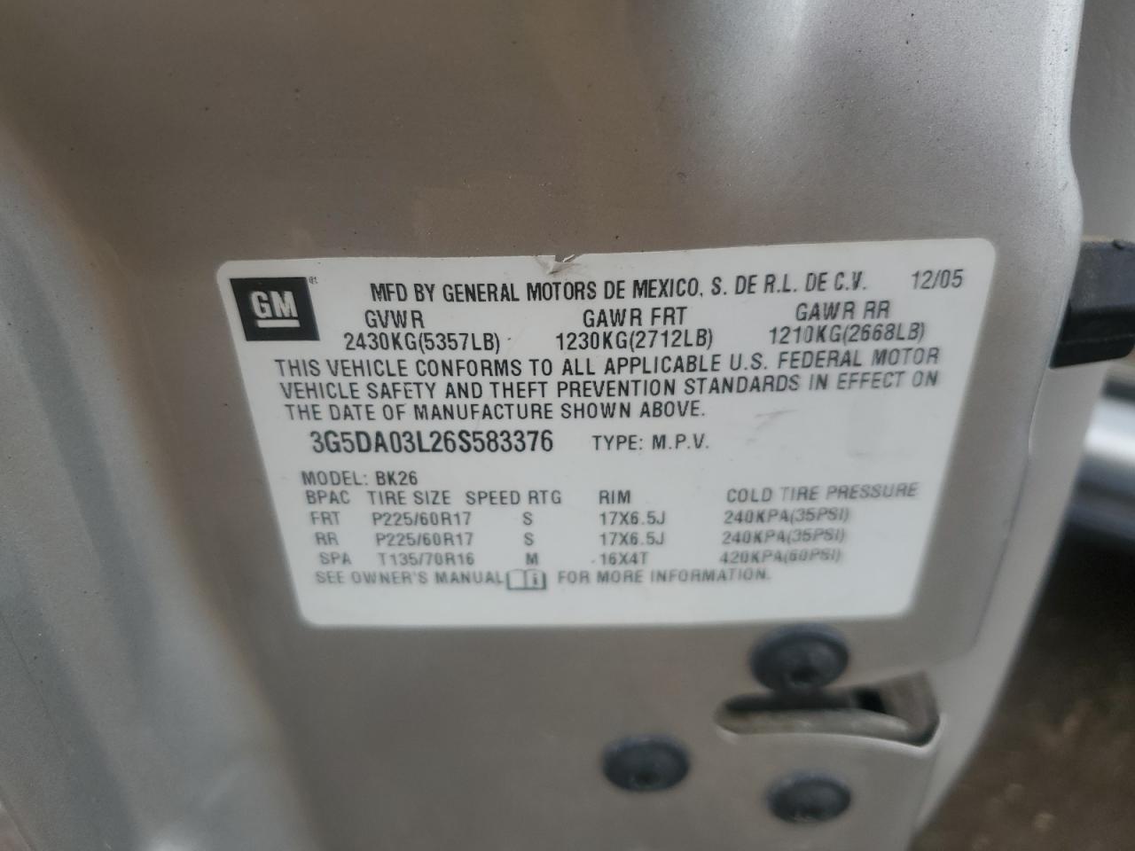 2006 Buick Rendezvous Cx VIN: 3G5DA03L26S583376 Lot: 64244585