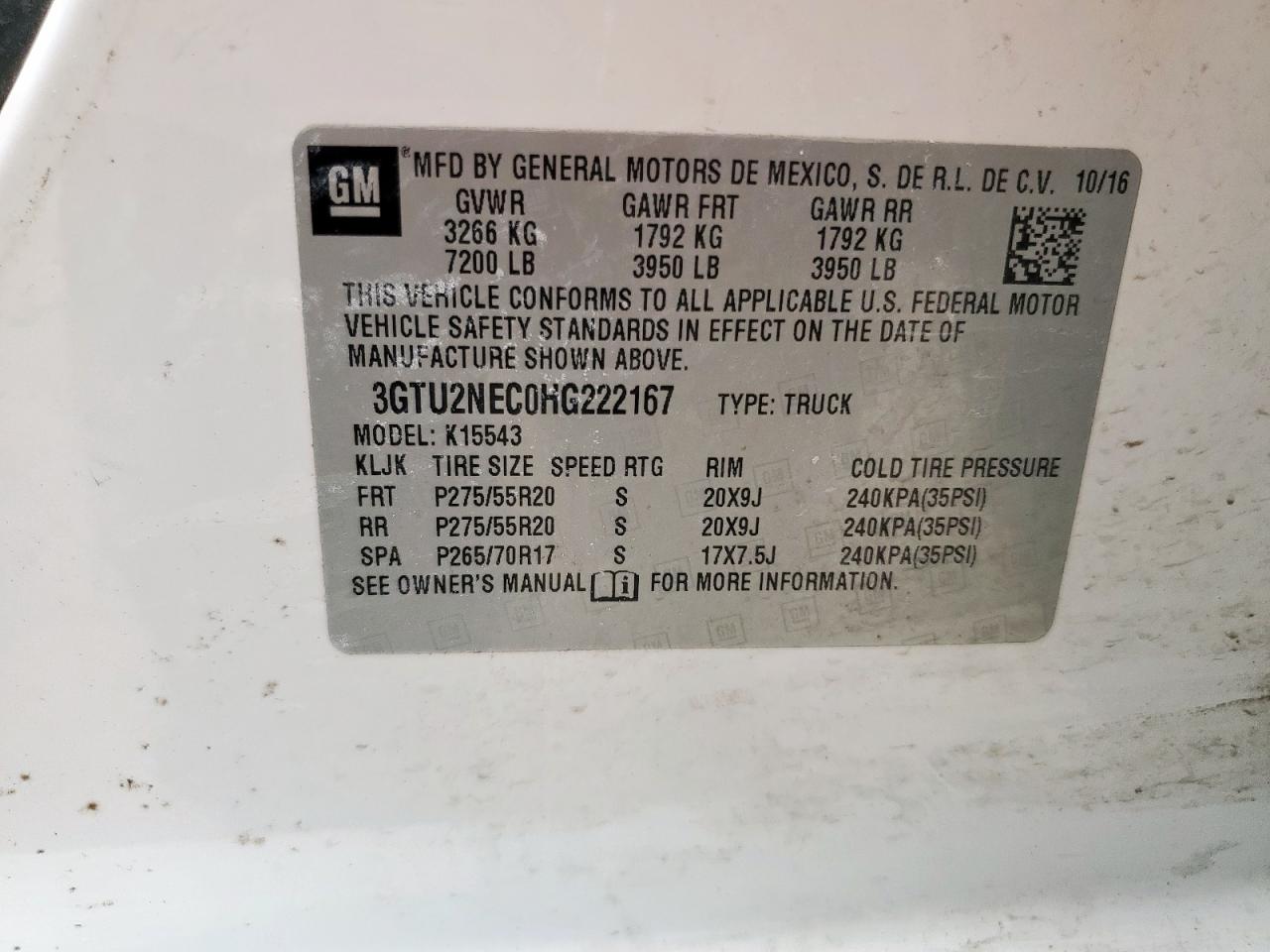 2017 GMC Sierra K1500 Slt VIN: 3GTU2NEC0HG222167 Lot: 64596235