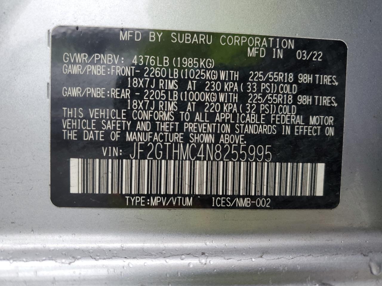 2022 Subaru Crosstrek Limited VIN: JF2GTHMC4N8255995 Lot: 64195545