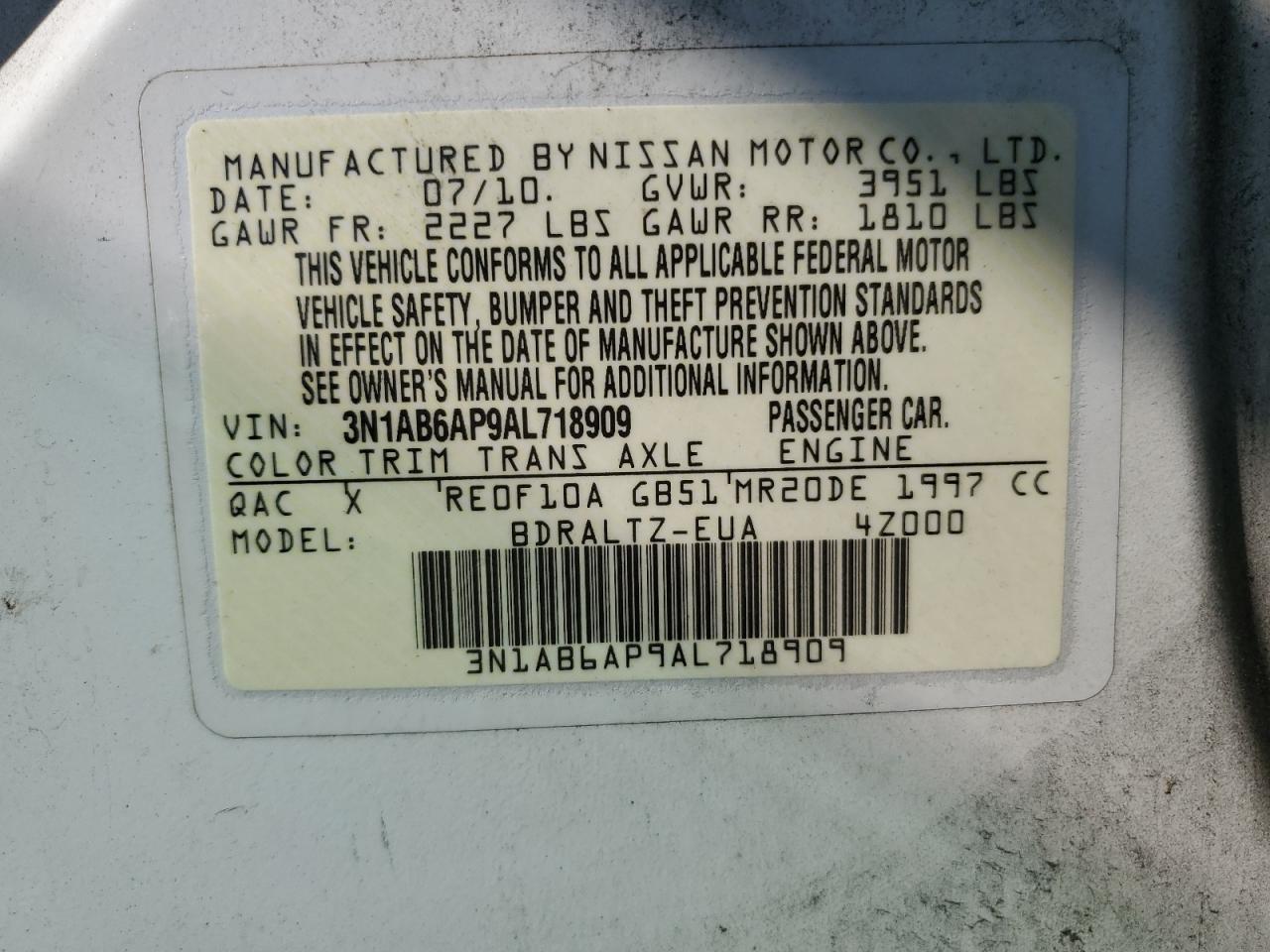 2010 Nissan Sentra 2.0 VIN: 3N1AB6AP9AL718909 Lot: 62716985