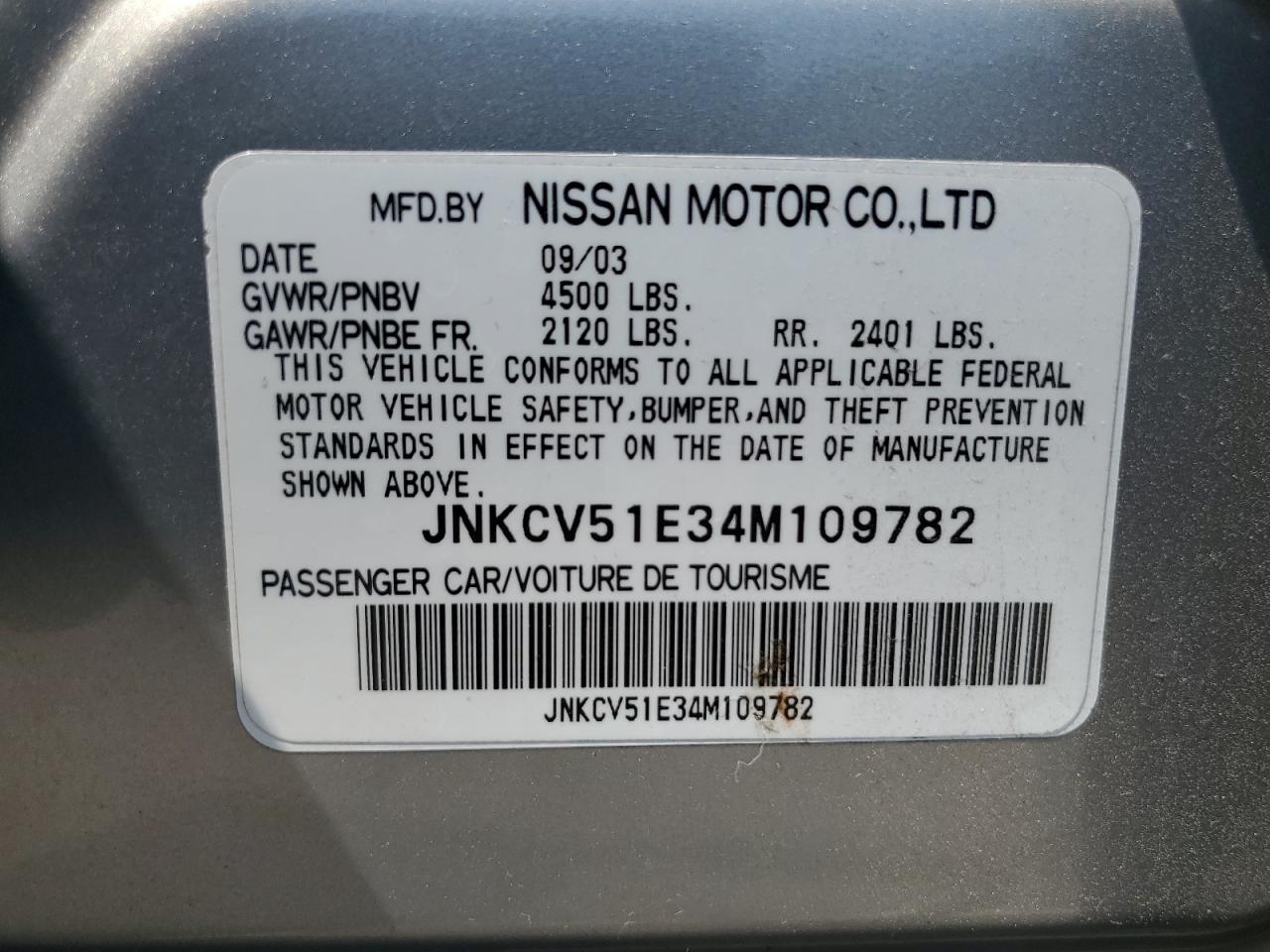 2004 Infiniti G35 VIN: JNKCV51E34M109782 Lot: 64806605