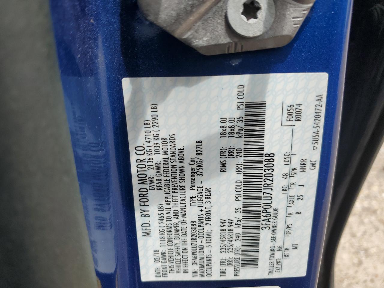 2018 Ford Fusion Se Hybrid VIN: 3FA6P0LU7JR203088 Lot: 62992805