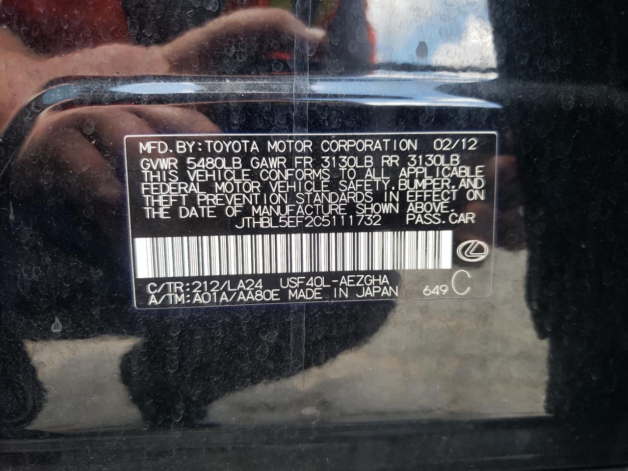 2012 Lexus Ls 460 VIN: JTHBL5EF2C5111732 Lot: 64924165