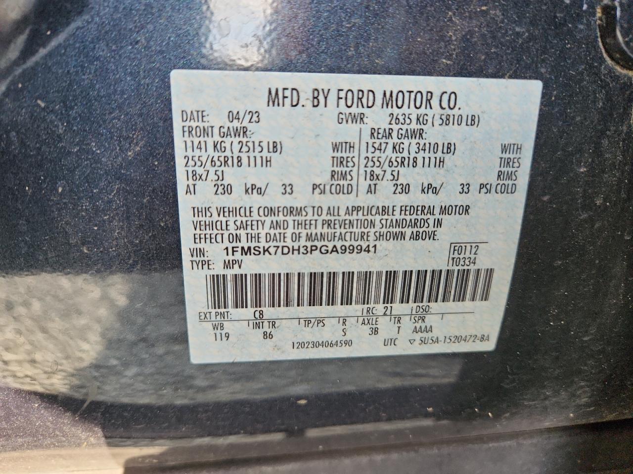 2023 Ford Explorer Xlt VIN: 1FMSK7DH3PGA99941 Lot: 65211765
