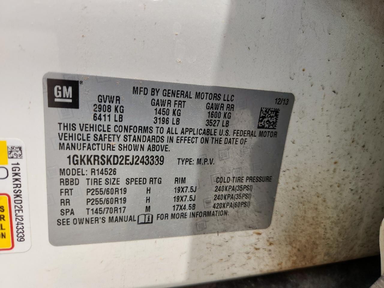 2014 GMC Acadia Slt-2 VIN: 1GKKRSKD2EJ243339 Lot: 63990685