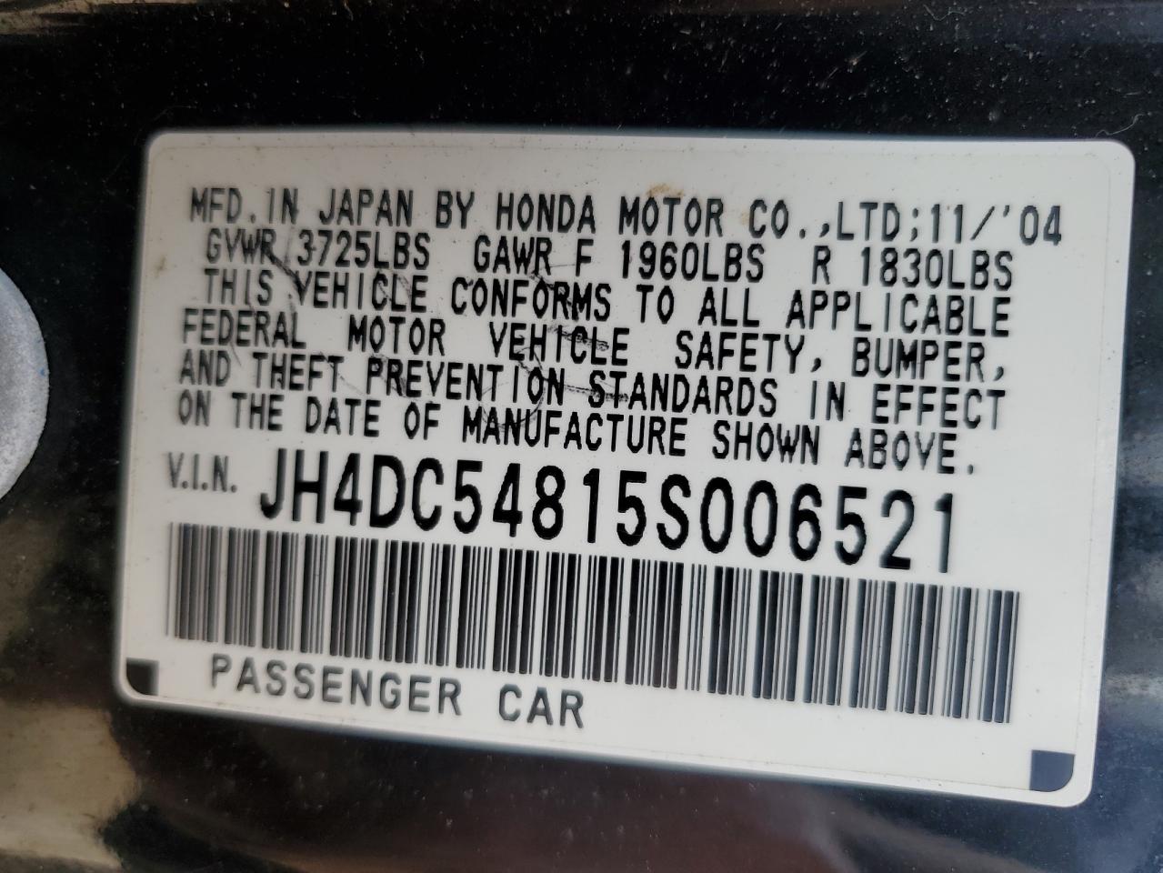 2005 Acura Rsx VIN: JH4DC54815S006521 Lot: 66365055