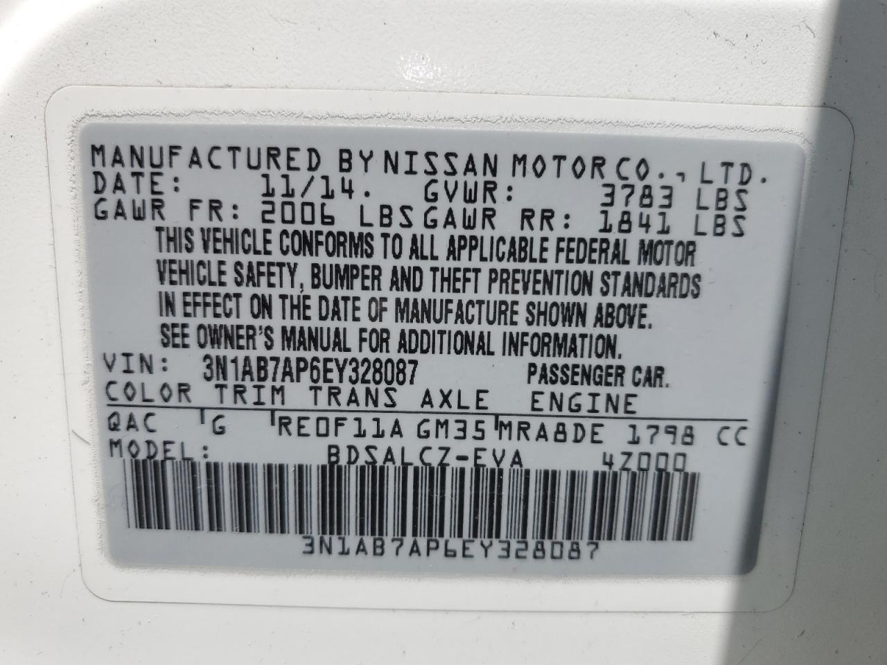 2014 Nissan Sentra S VIN: 3N1AB7AP6EY328087 Lot: 65078385