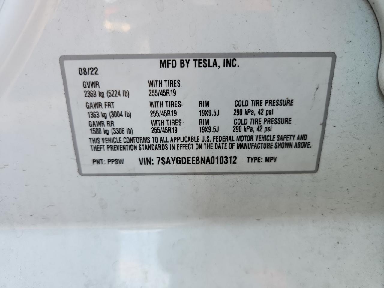 2022 Tesla Model Y VIN: 7SAYGDEE8NA010312 Lot: 62722055