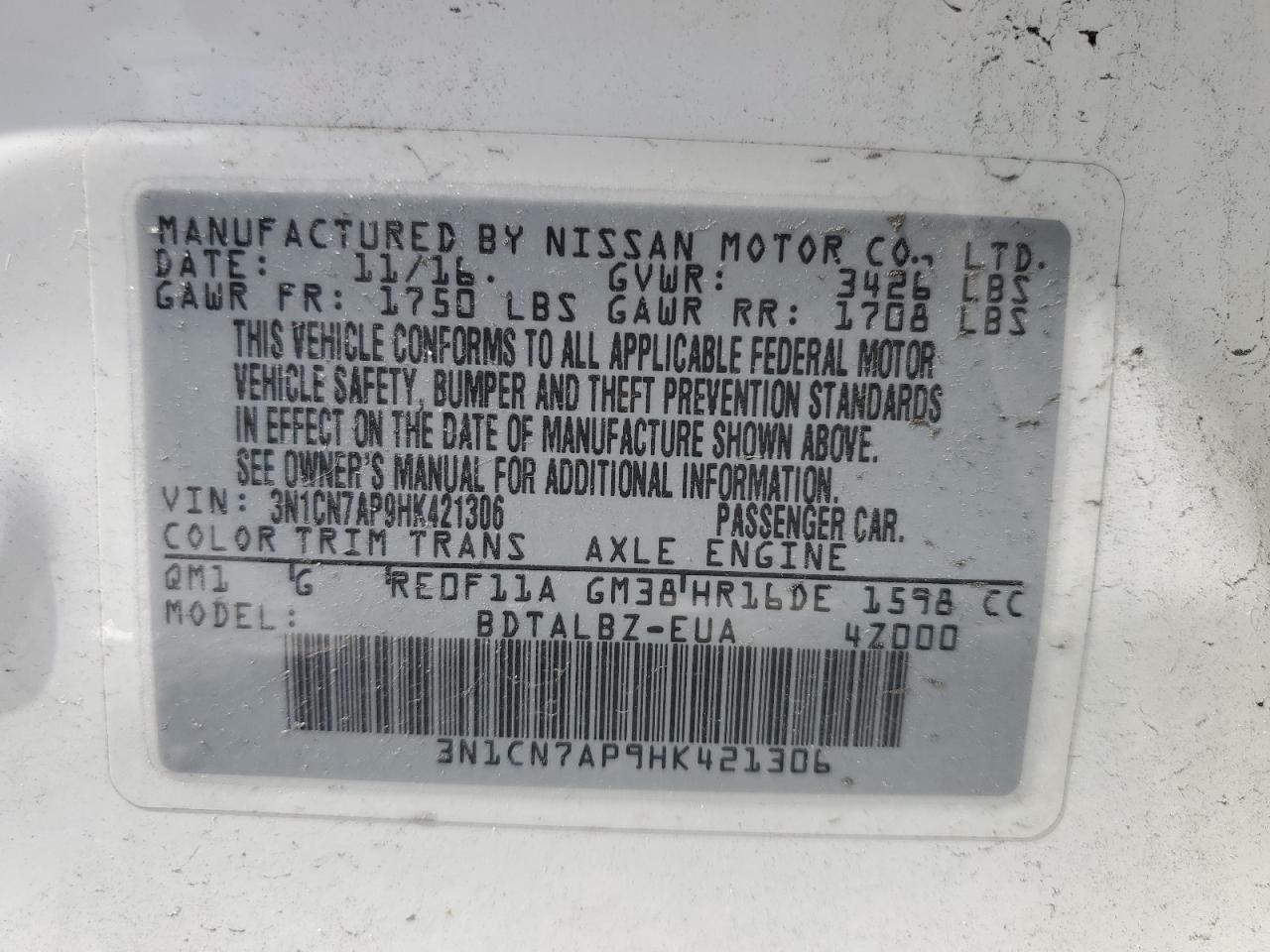 2017 Nissan Versa S VIN: 3N1CN7AP9HK421306 Lot: 64606695