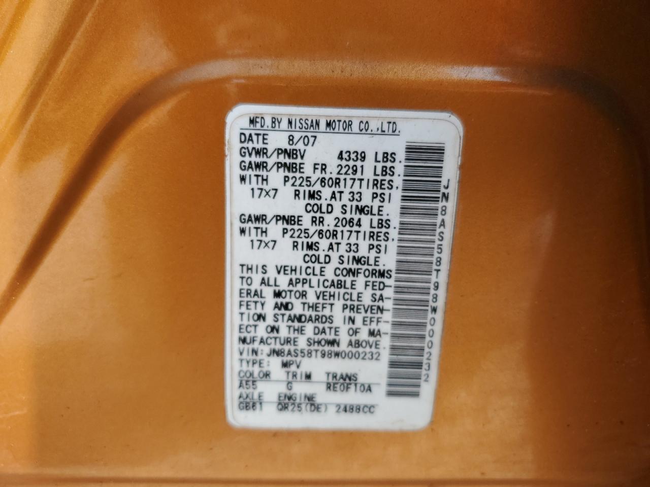 2008 Nissan Rogue S VIN: JN8AS58T98W000232 Lot: 66815135