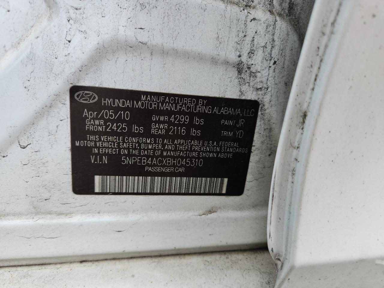 2011 Hyundai Sonata Gls VIN: 5NPEB4ACXBH045310 Lot: 64161915
