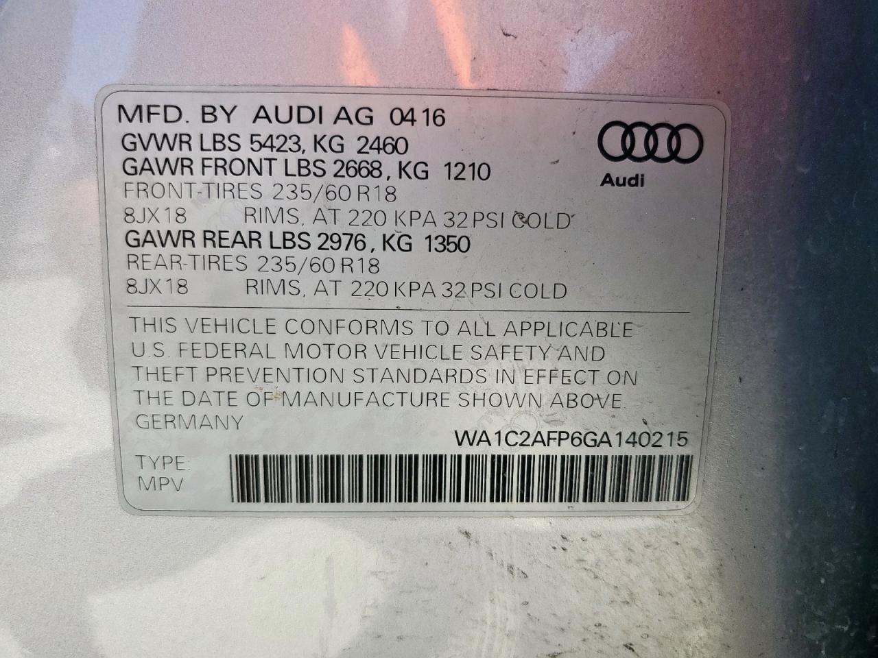 2016 Audi Q5 Premium VIN: WA1C2AFP6GA140215 Lot: 65607335