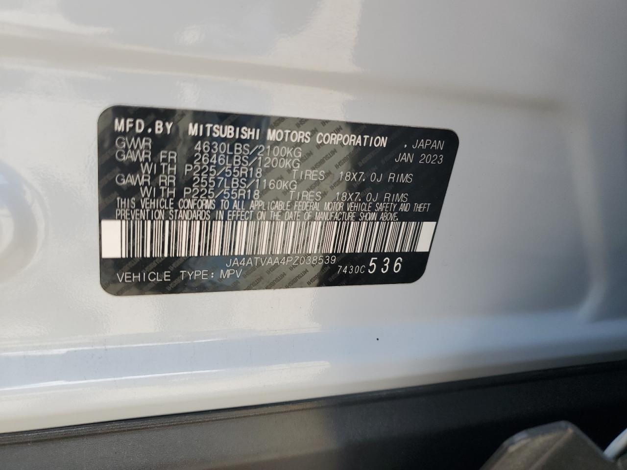 2023 Mitsubishi Eclipse Cross Le VIN: JA4ATVAA4PZ038539 Lot: 66922395