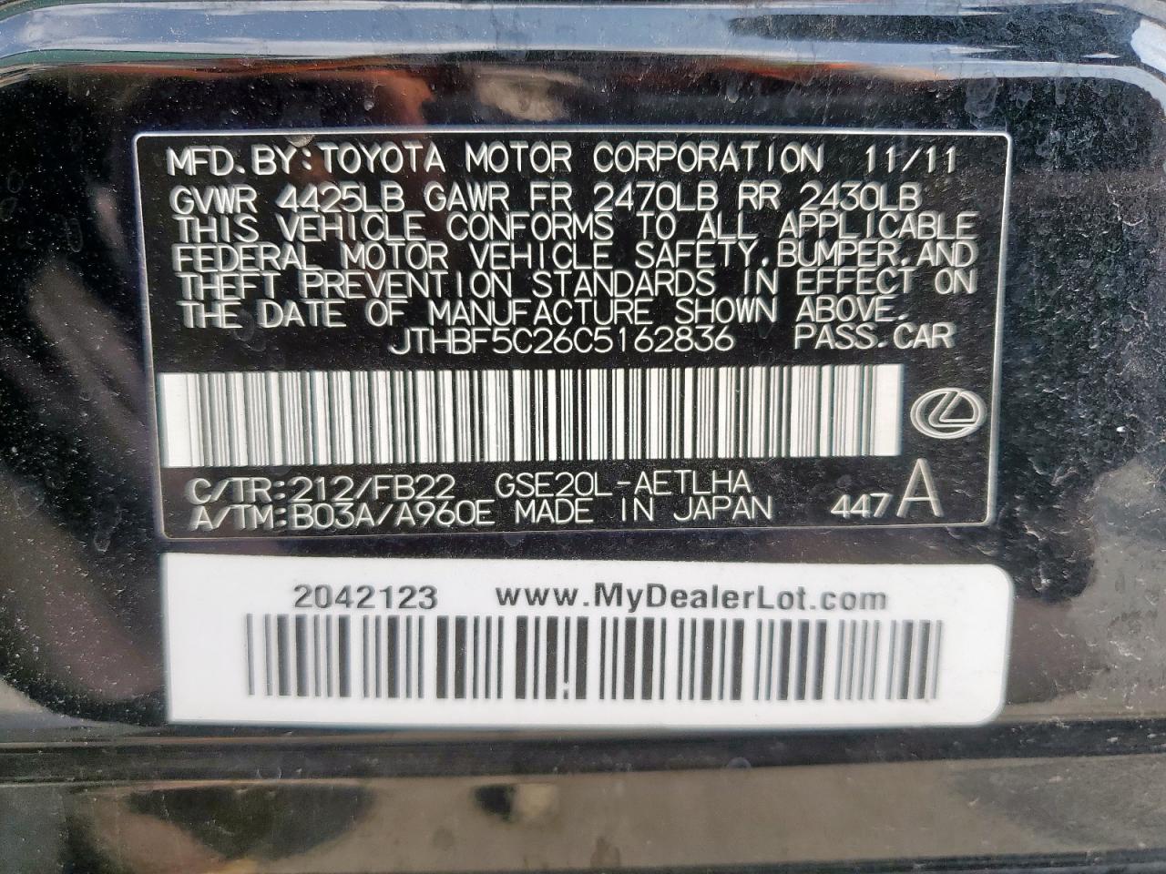 2012 Lexus Is 250 VIN: JTHBF5C26C5162836 Lot: 64405535