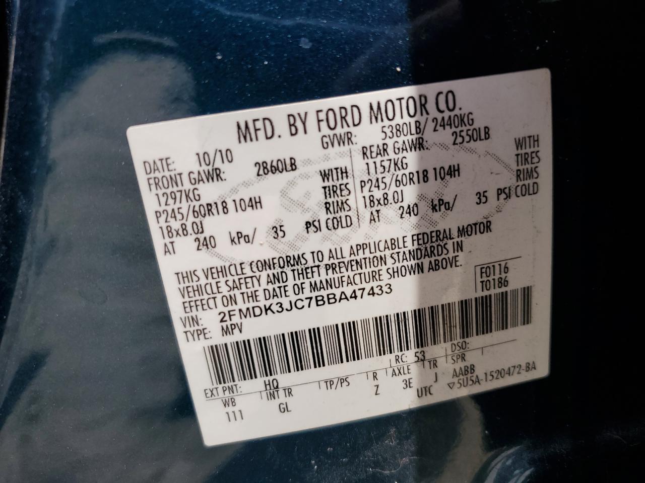 2011 Ford Edge Sel VIN: 2FMDK3JC7BBA47433 Lot: 63002275
