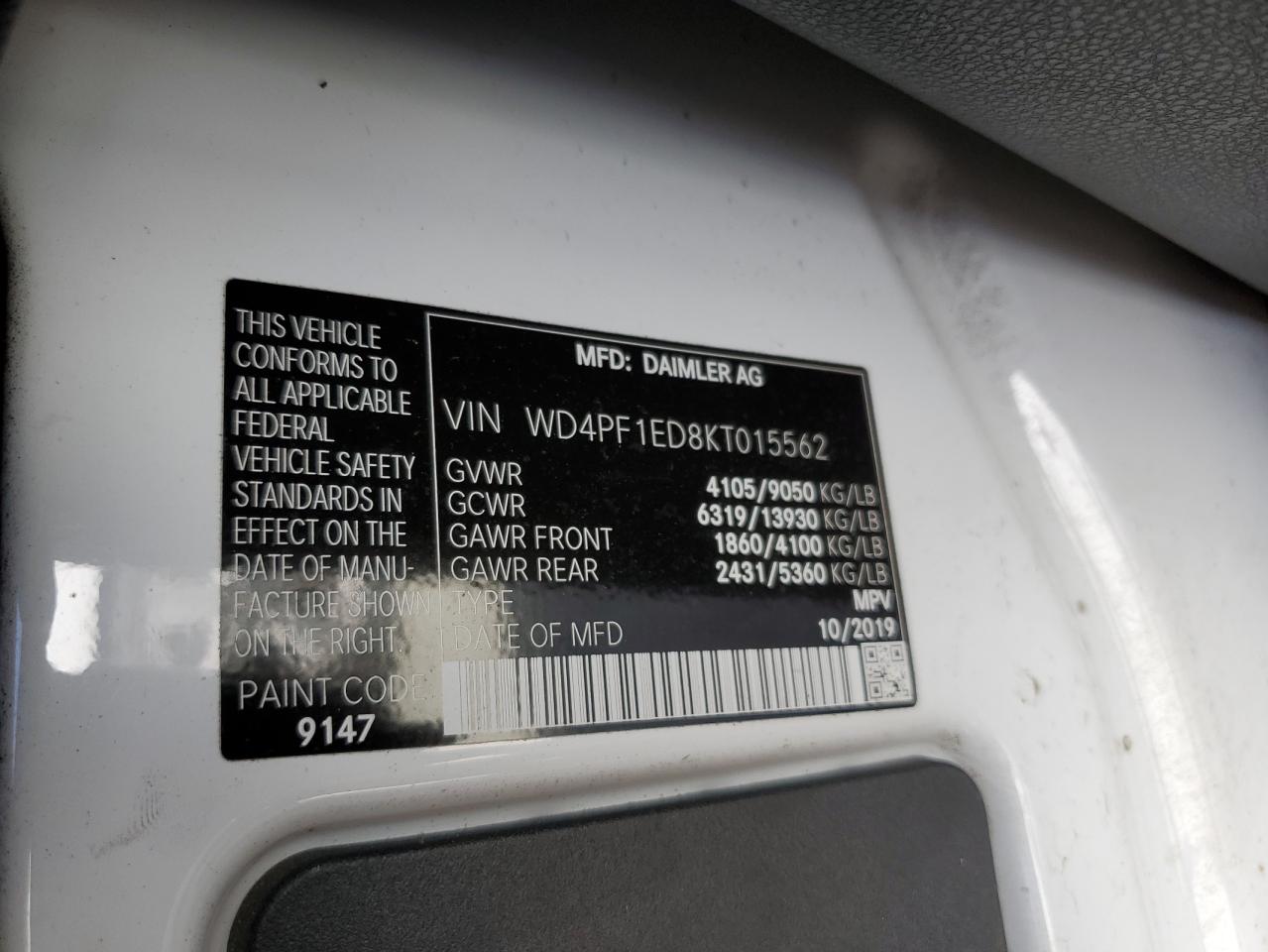 2019 Mercedes-Benz Sprinter 2500/3500 VIN: WD4PF1ED8KT015562 Lot: 63668485