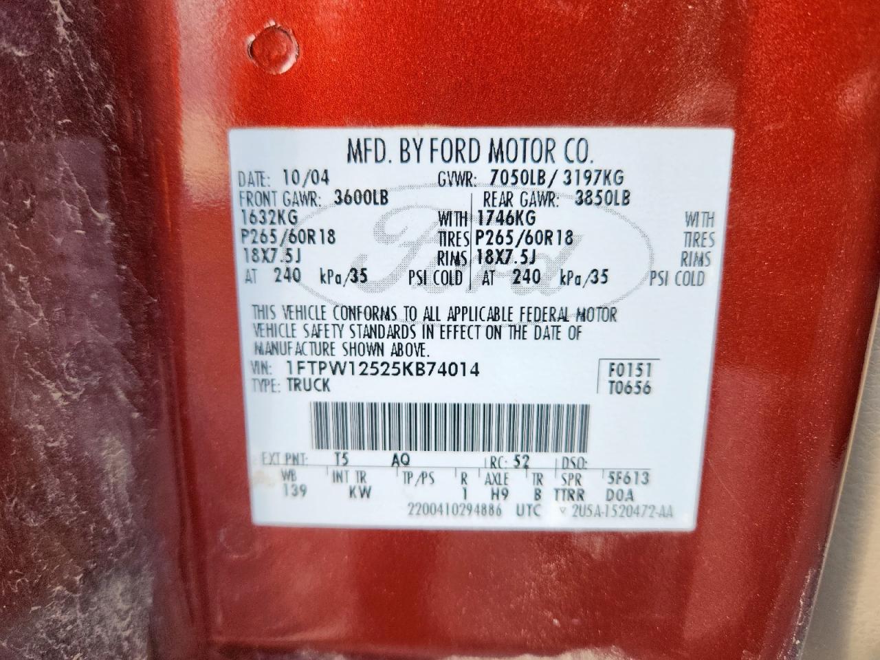 2005 Ford F150 Supercrew VIN: 1FTPW12525KB74014 Lot: 63983645