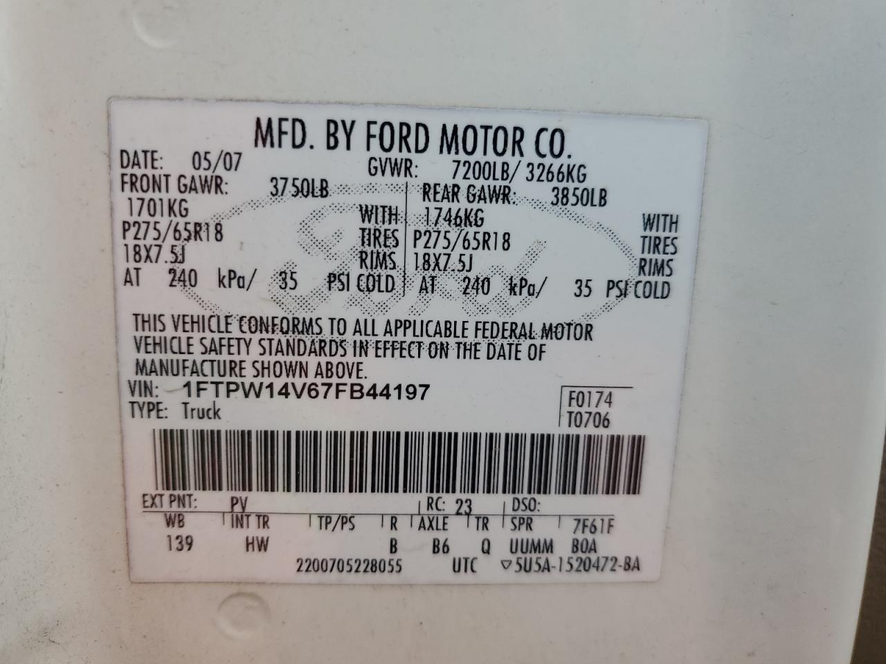 2007 Ford F150 Supercrew VIN: 1FTPW14V67FB44197 Lot: 66032185