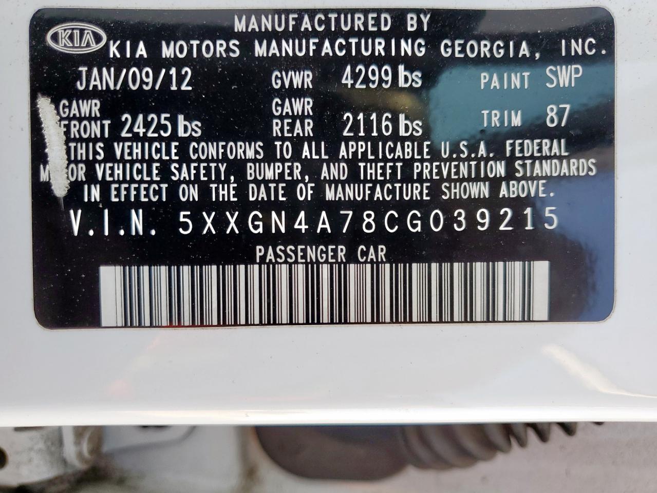 2012 Kia Optima Ex VIN: 5XXGN4A78CG039215 Lot: 65280975