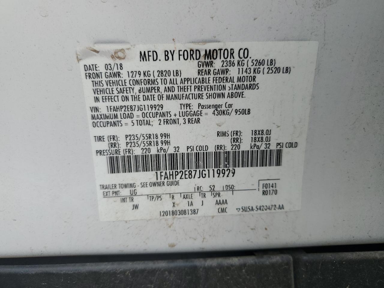 2018 Ford Taurus Sel VIN: 1FAHP2E87JG119929 Lot: 65574805