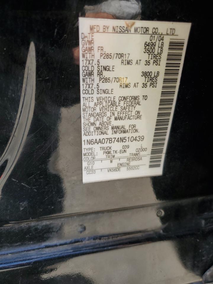 2004 Nissan Titan Xe VIN: 1N6AA07B74N510439 Lot: 63331245