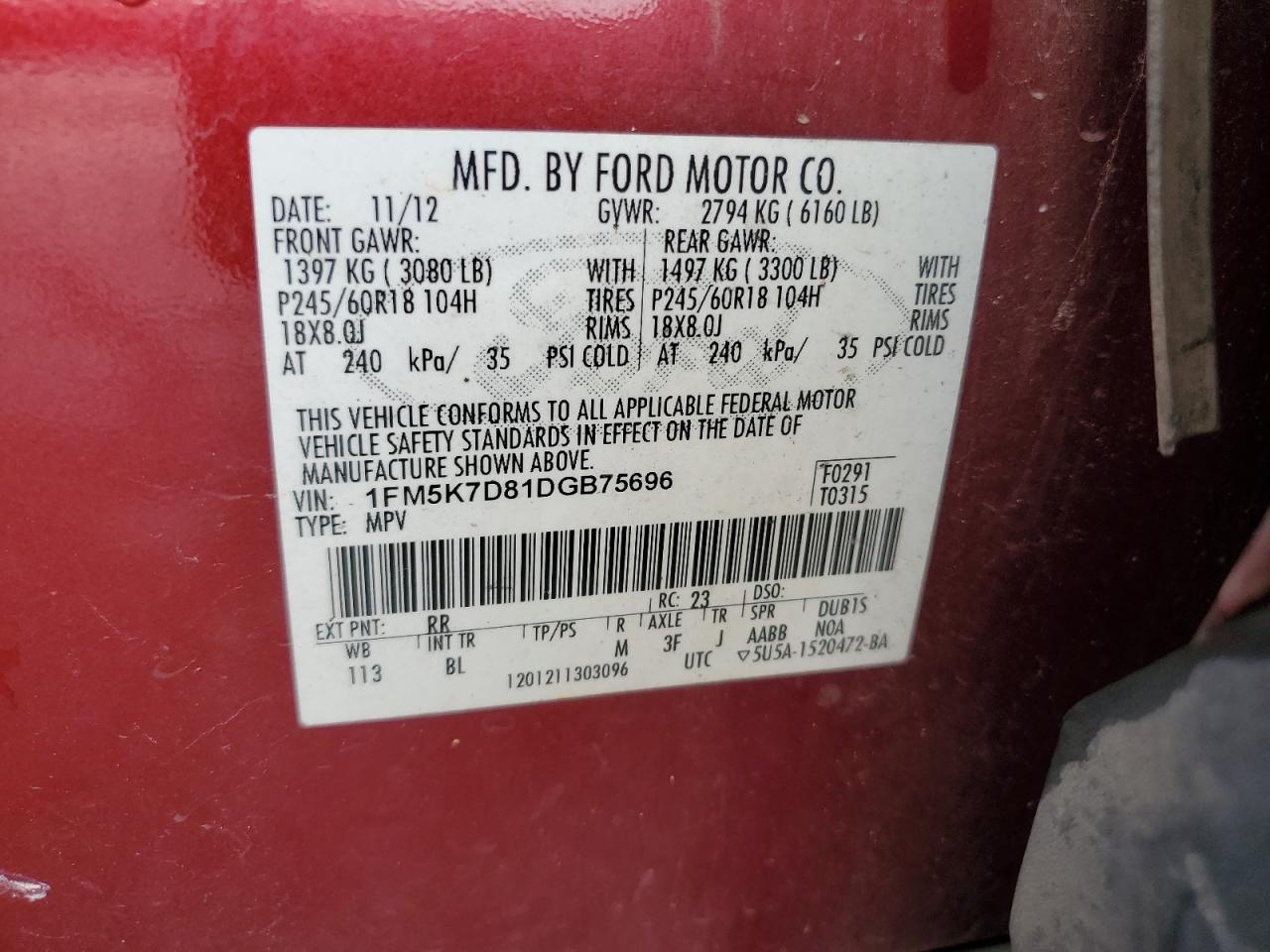 2013 Ford Explorer Xlt VIN: 1FM5K7D81DGB75696 Lot: 65050345