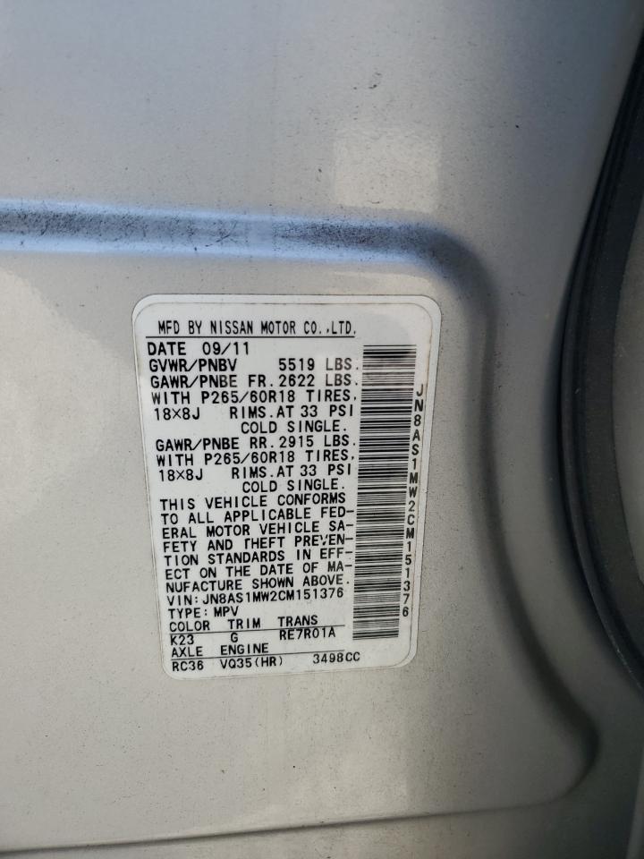 2012 Infiniti Fx35 VIN: JN8AS1MW2CM151376 Lot: 63769175