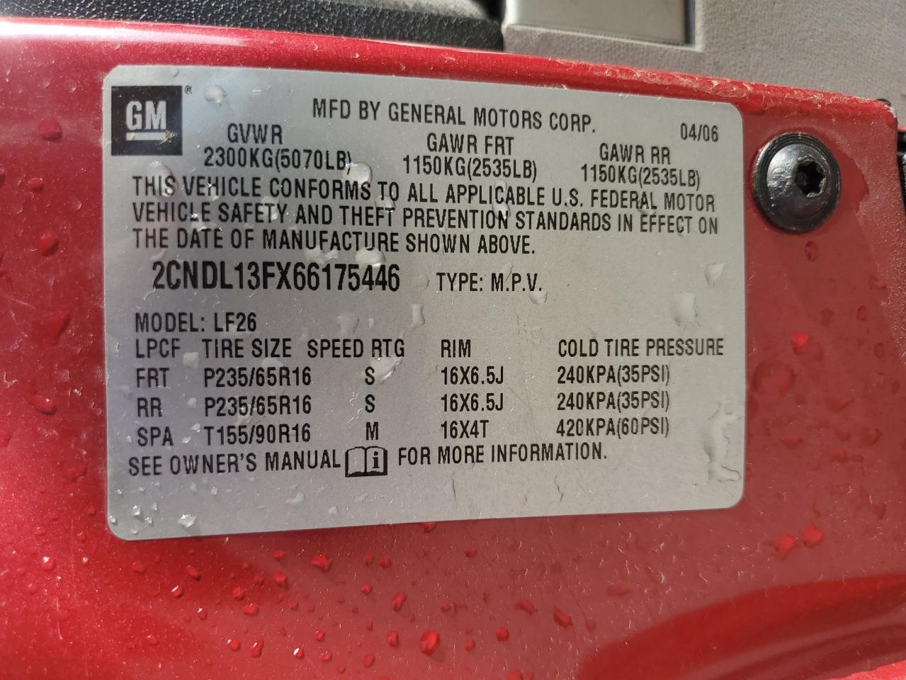 2006 Chevrolet Equinox Ls VIN: 2CNDL13FX66175446 Lot: 64317205