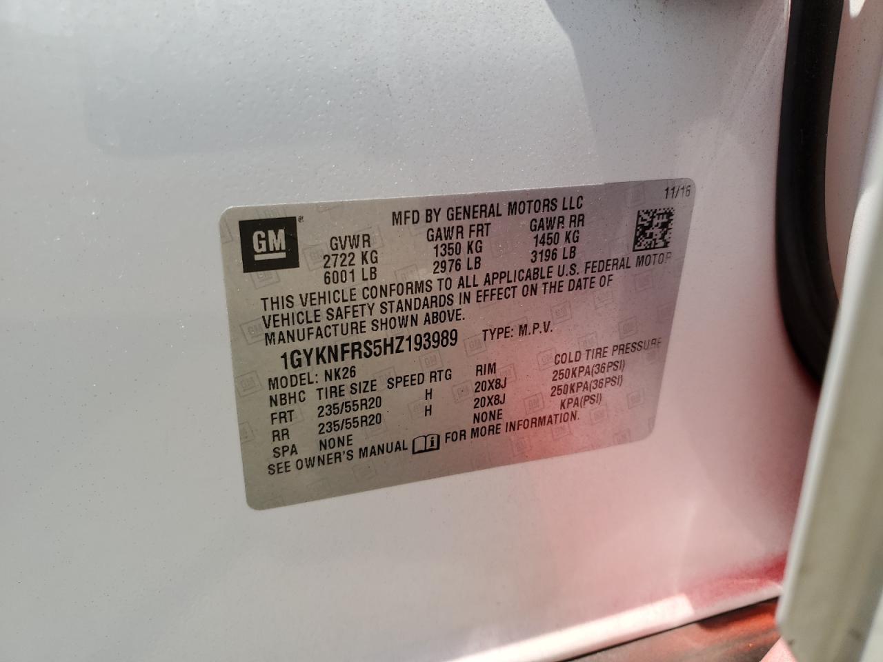 2017 Cadillac Xt5 Platinum VIN: 1GYKNFRS5HZ193989 Lot: 64653155