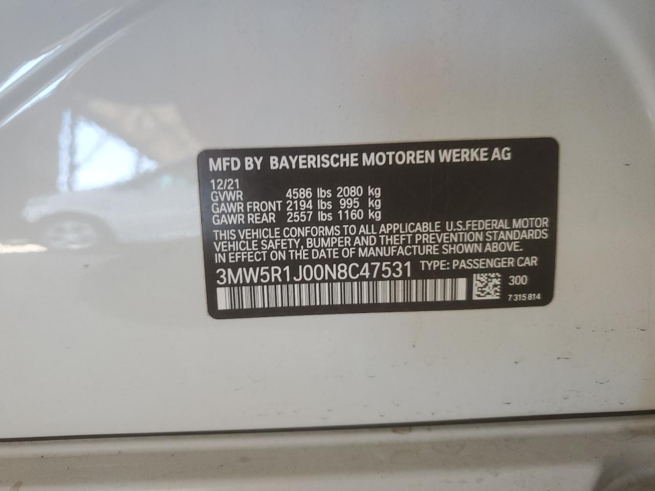 2022 BMW 330I VIN: 3MW5R1J00N8C47531 Lot: 63652535