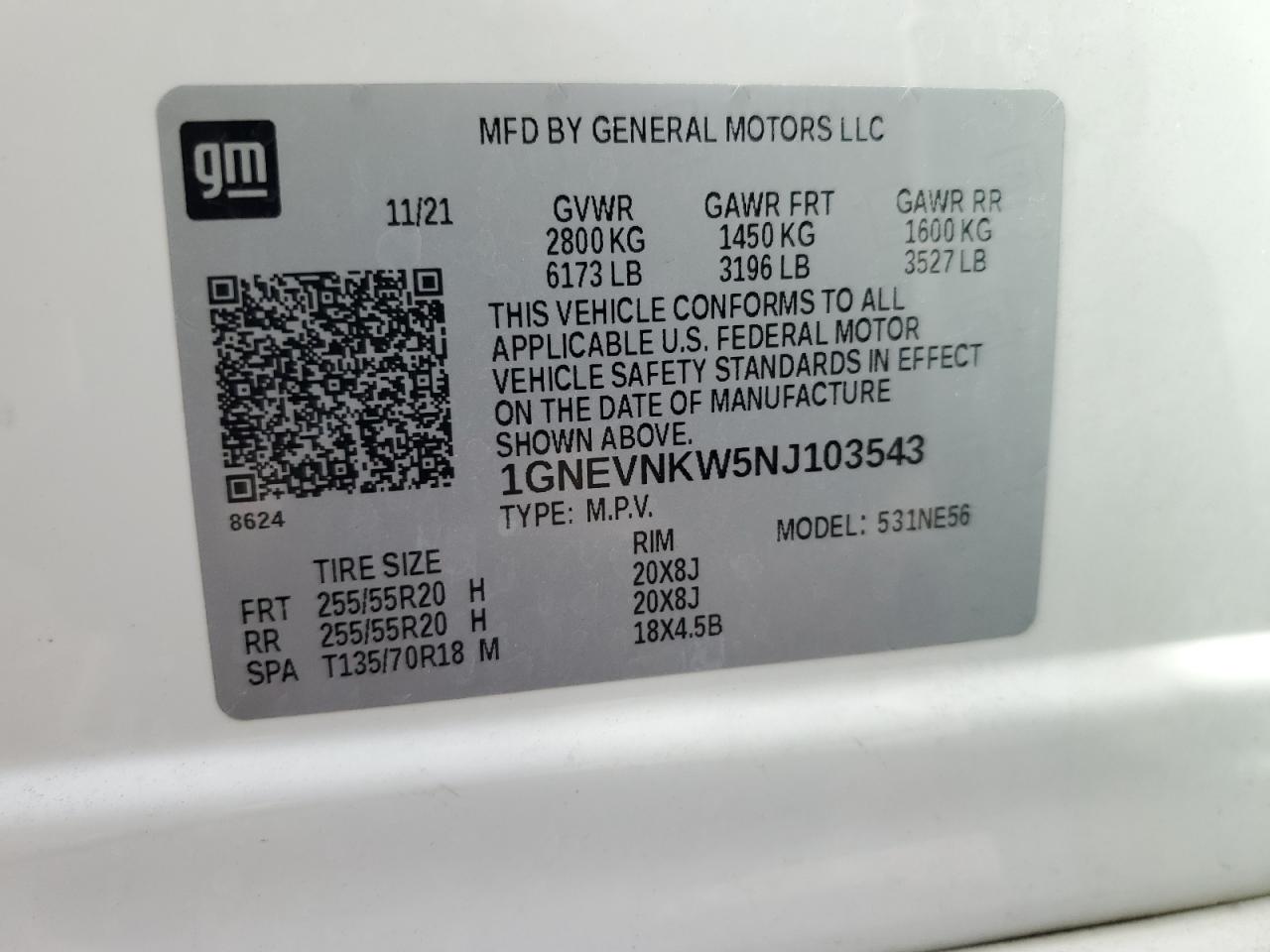 2022 Chevrolet Traverse High Country VIN: 1GNEVNKW5NJ103543 Lot: 64130425