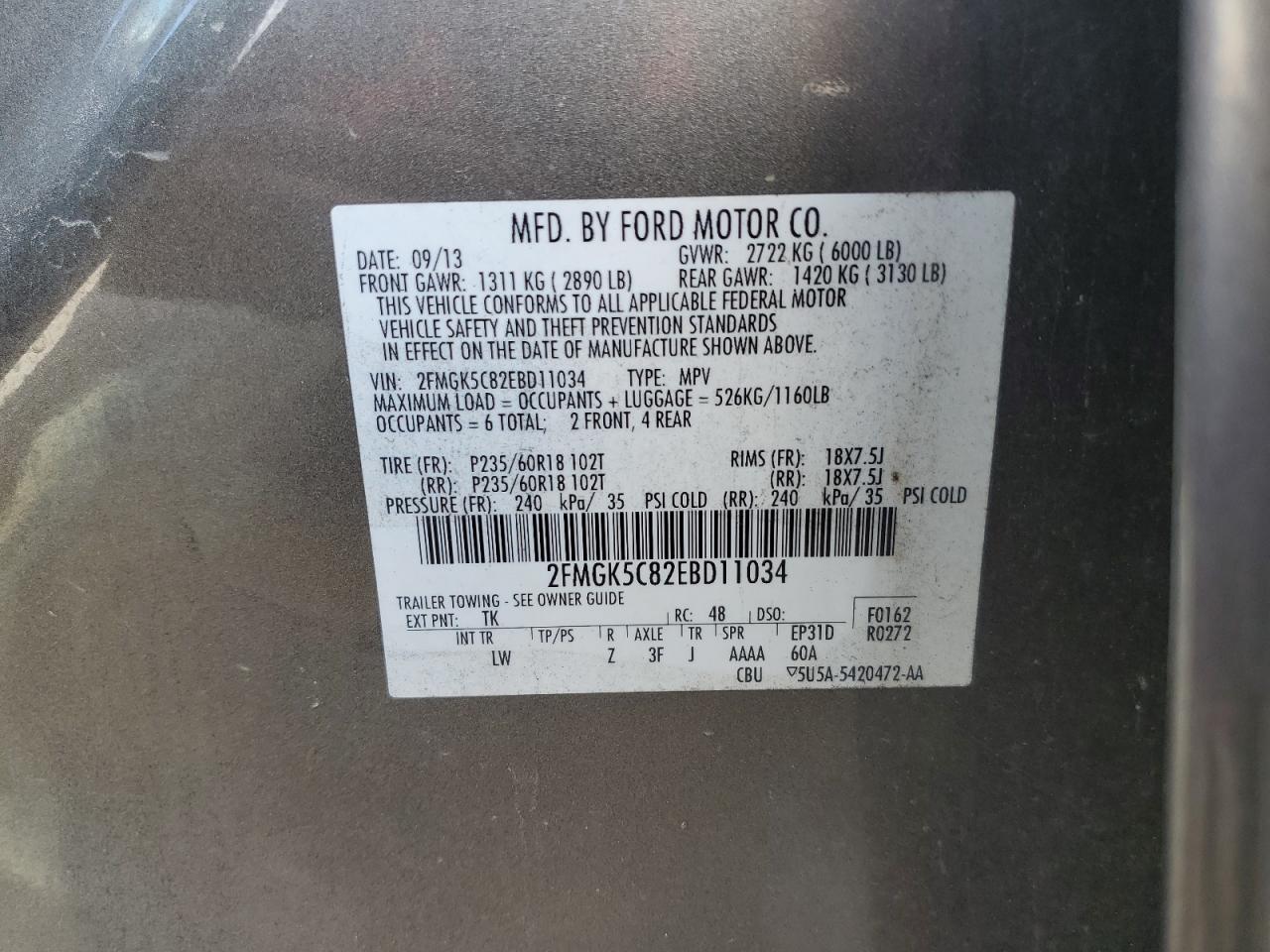 2014 Ford Flex Sel VIN: 2FMGK5C82EBD11034 Lot: 65286565
