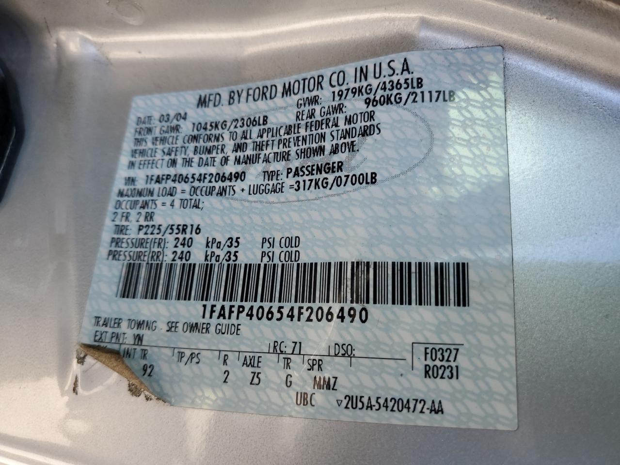 2004 Ford Mustang VIN: 1FAFP40654F206490 Lot: 65175985