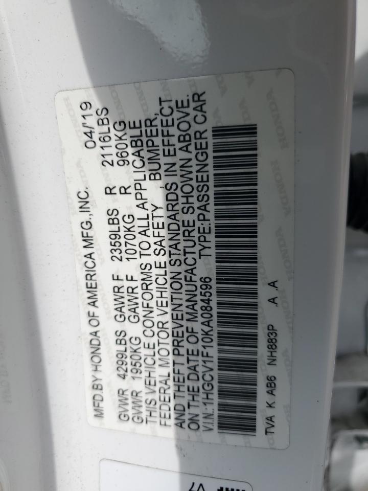 2019 Honda Accord Lx VIN: 1HGCV1F10KA084596 Lot: 64719735