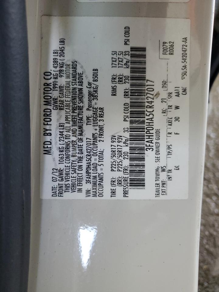 2012 Ford Fusion Se VIN: 3FAHP0HA5CR427017 Lot: 64191425