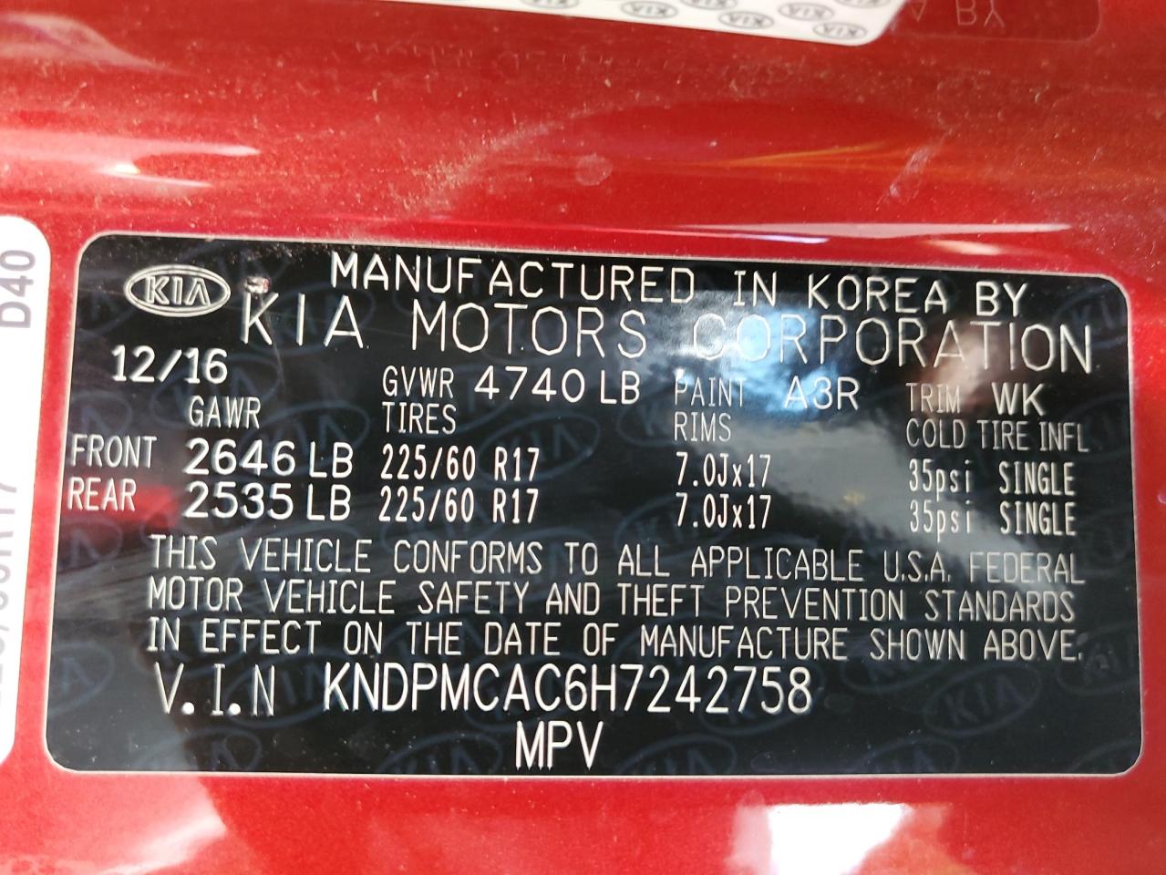 2017 Kia Sportage Lx VIN: KNDPMCAC6H7242758 Lot: 63502495