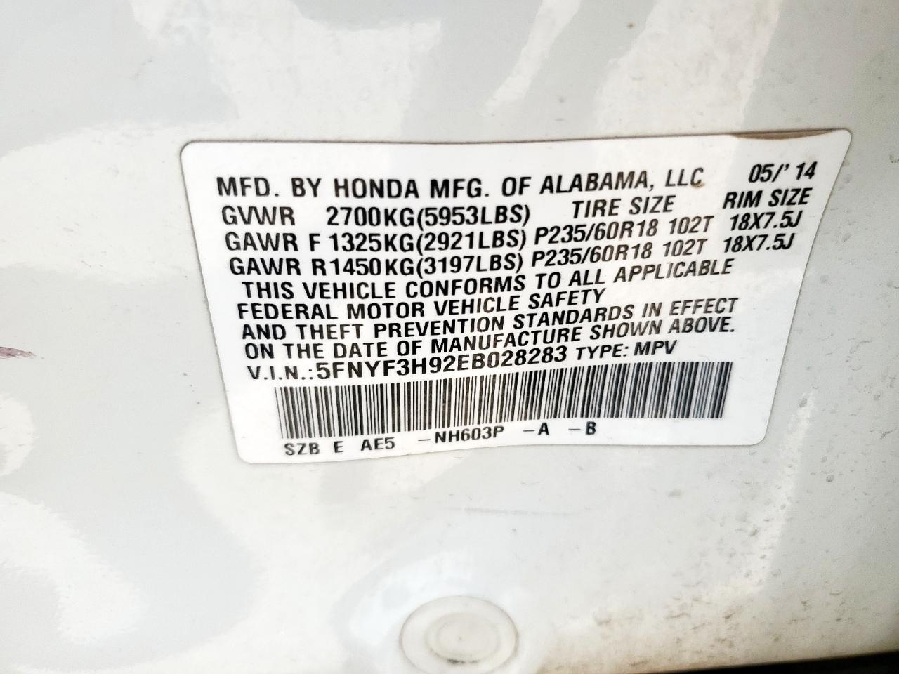 2014 Honda Pilot Touring VIN: 5FNYF3H92EB028283 Lot: 64304055