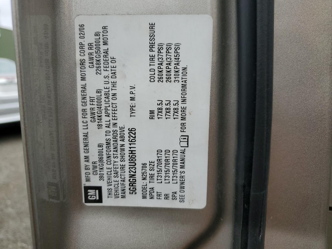 2006 Hummer H2 VIN: 5GRGN23U86H116226 Lot: 63299465