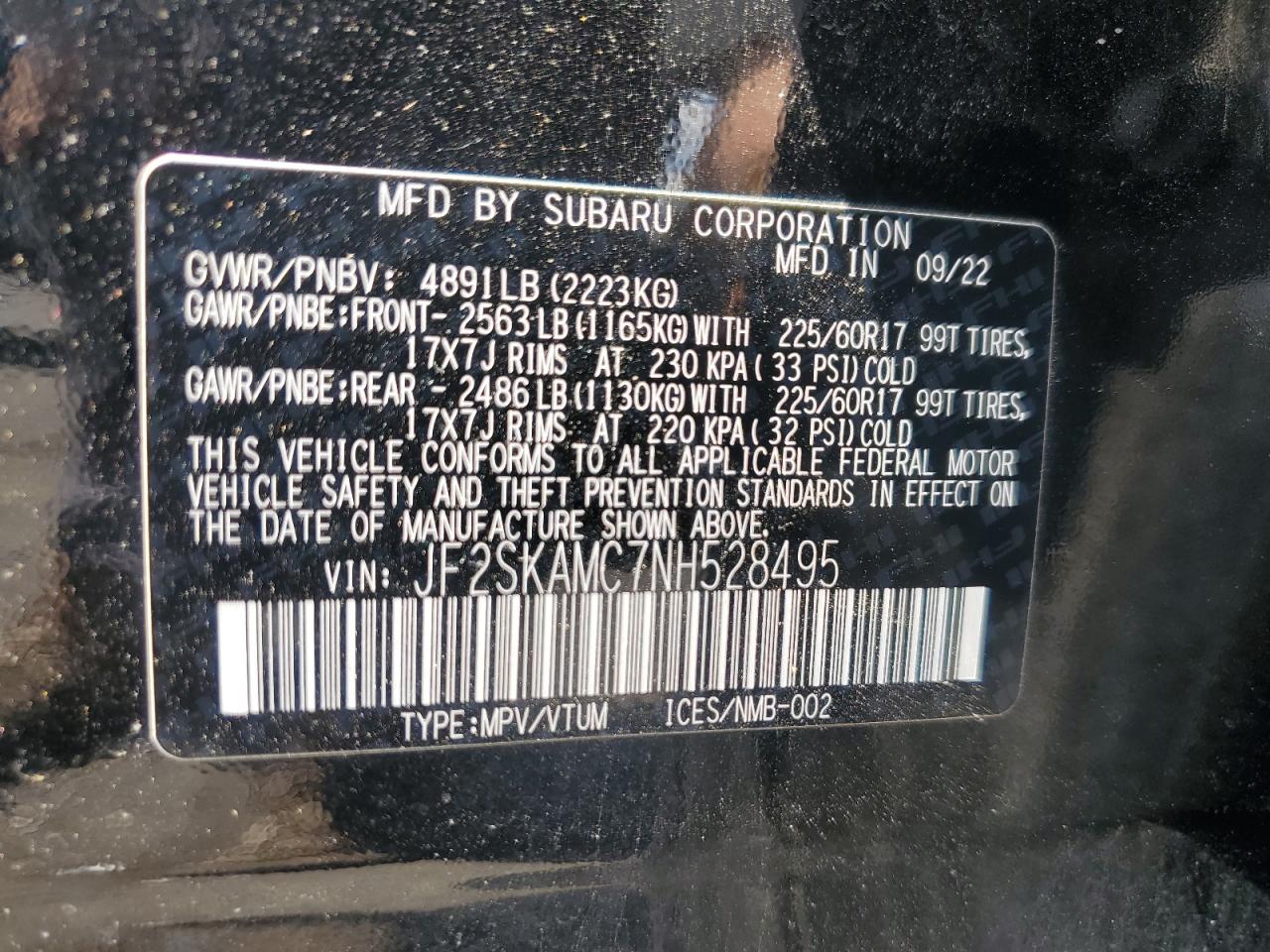 2022 Subaru Forester Wilderness VIN: JF2SKAMC7NH528495 Lot: 63476255