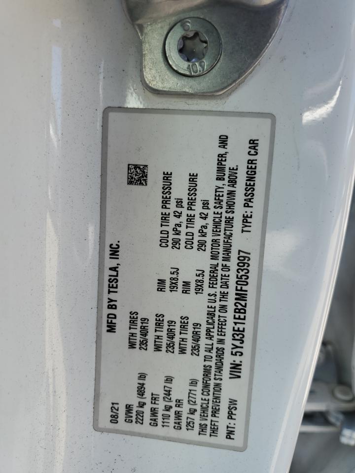 2021 Tesla Model 3 VIN: 5YJ3E1EB2MF053997 Lot: 69117805