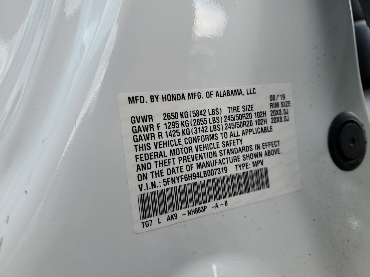 2020 Honda Pilot Touring VIN: 5FNYF6H94LB007319 Lot: 64173565